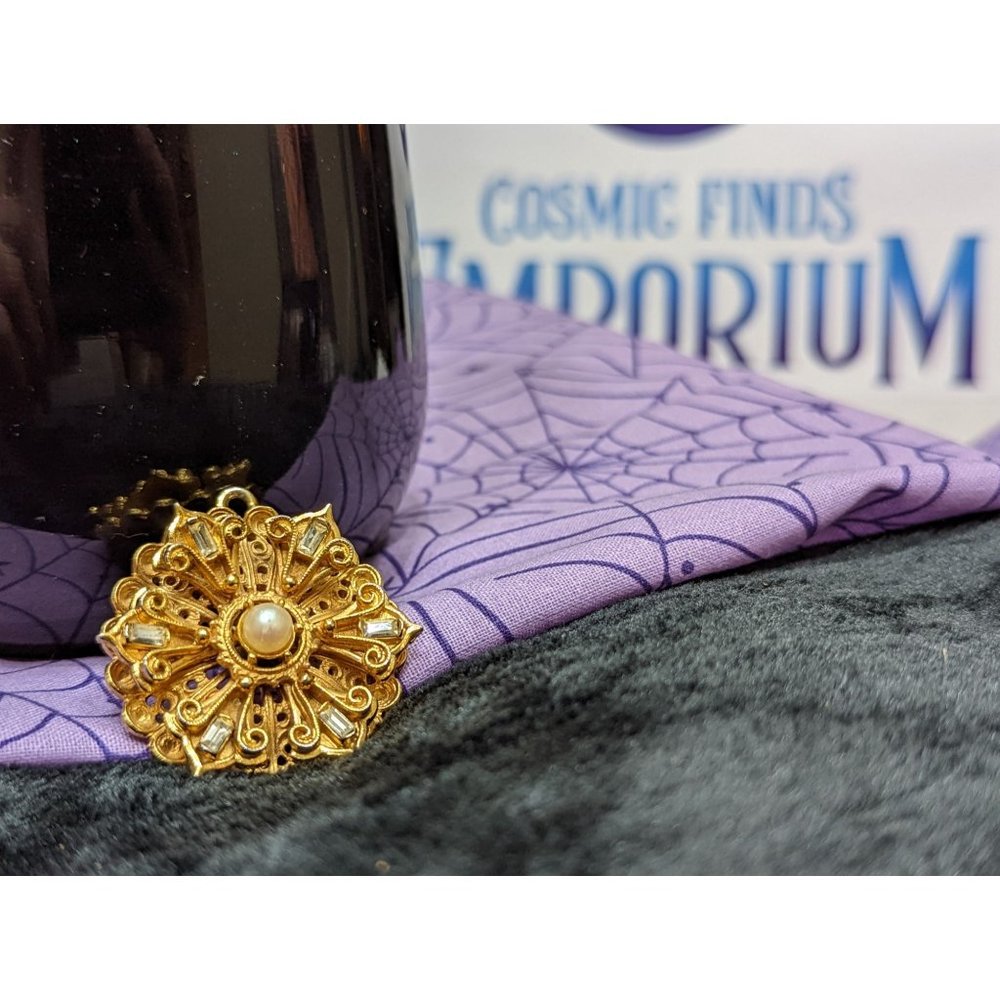 Vintage Gold Tone Florenza Pendant with Rhinestones, Faux Pearl